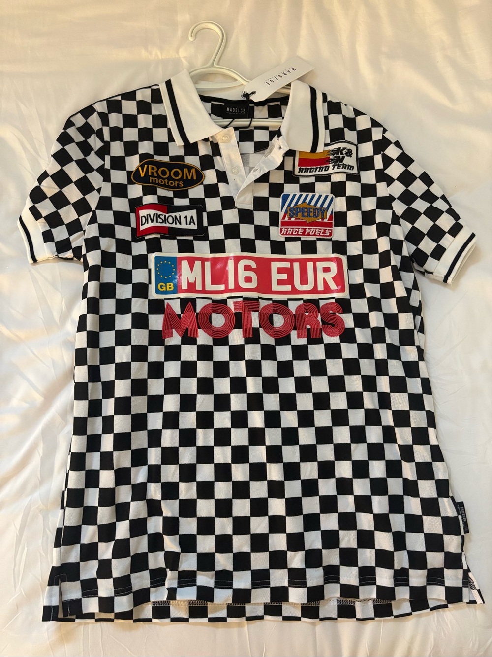 MadBlue Checkered Racing Patch Polo Shirt - Black & White
